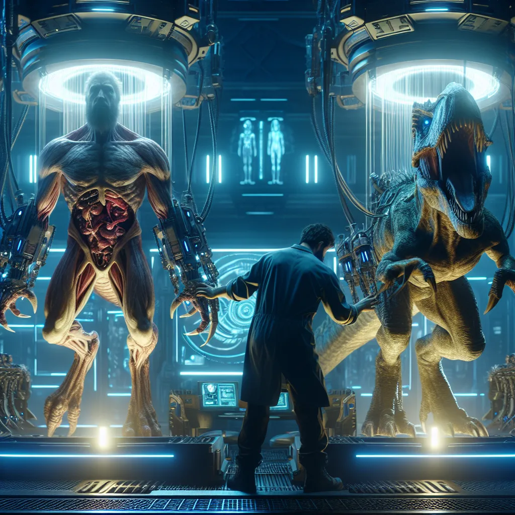 A science fiction scene depicting two characters undergoing a dramatic transformation into prehistoric predators in a dark laboratory.