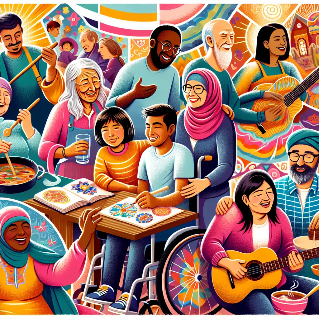 Title: "Celebrating Diversity and Inclusion"

Description: An inclusive and vibrant illustration depicting diverse individuals from different backgrounds and identities coming together in a supportive community. The image showcases individuals of various ethnicities, genders, ages, and abilities engaging in joyful and inclusive activities, such as playing music, painting, cooking, and engaging in dialogue. The illustration radiates a sense of unity, respect, and appreciation for the beauty of hu