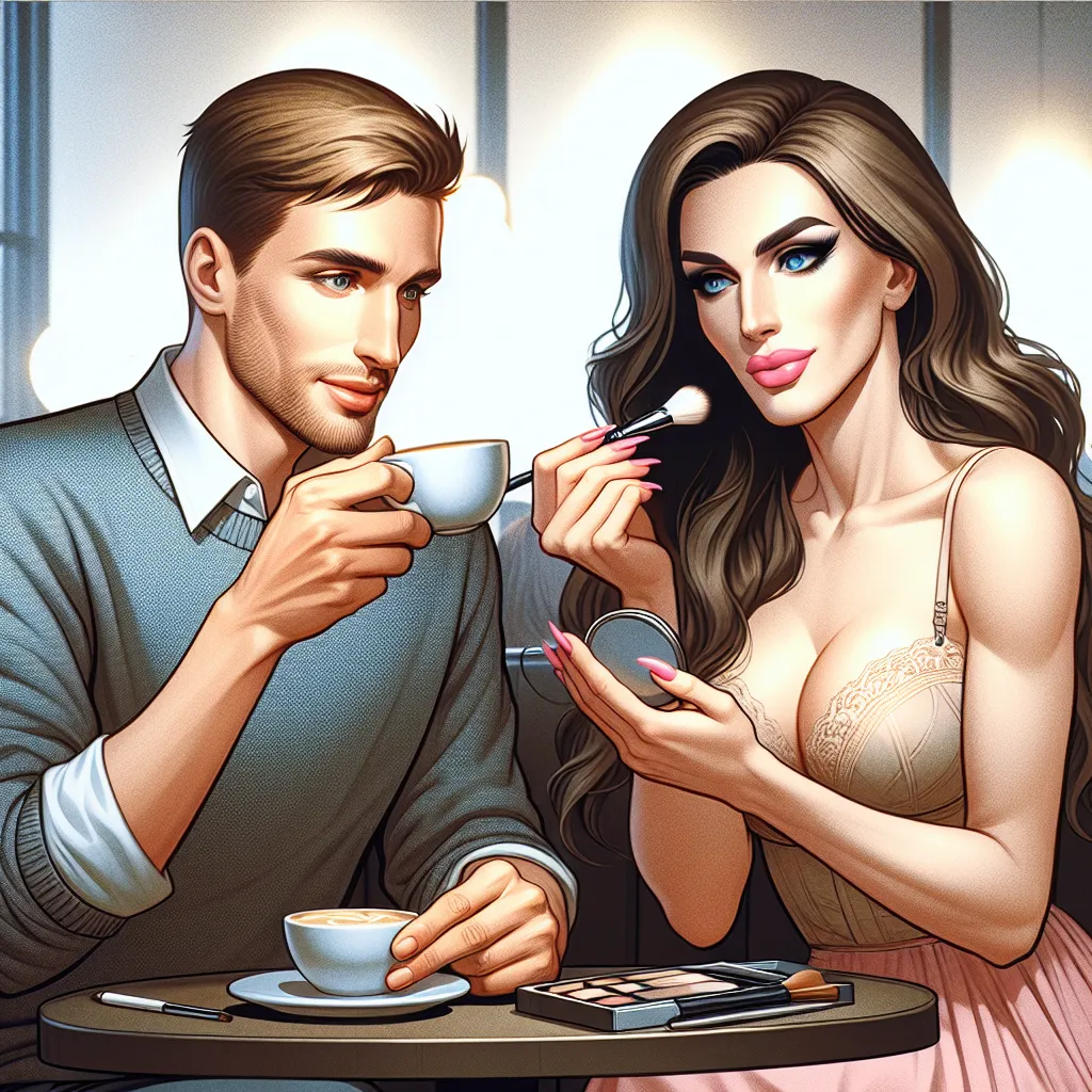 An image of two friends, Jake and Ashley, sitting in a café. Ashley, once a rugged guy, is now a supermodel-like woman with long brunette hair and a curvaceous figure. They are engaged in conversation, with Ashley adjusting her makeup while Jake stirs his coffee. The image captures their friendship and Ashley's enthusiasm for their new gender wave reality.