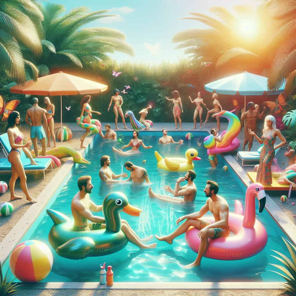 A surreal pool party scene where friends find themselves in each other's bodies, featuring humorous dialogue and vivid details.