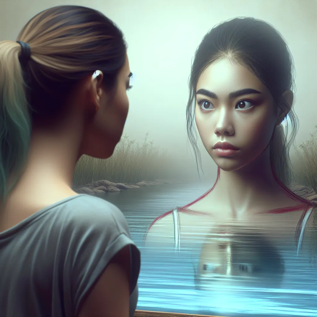 Description: The image depicts Naruto, now transformed into a young woman named Naruko, staring into the reflection of her new self in a river. The image captures the mixture of awe and dread in Naruko's eyes as she grapples with the reality of her profound and irreversible transformation.