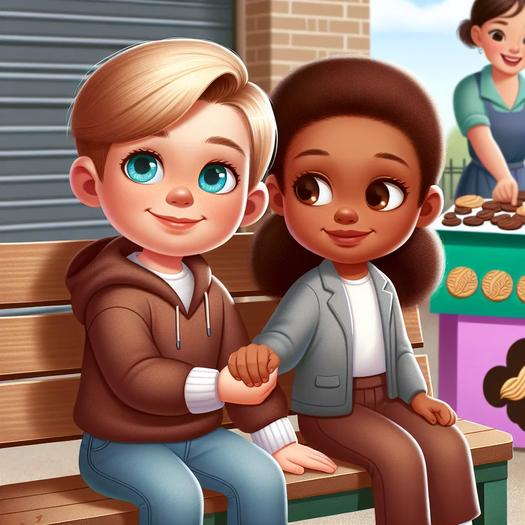 Description: An image depicting a young boy with light blonde hair and bright blue eyes sitting on a bench, holding hands with a young girl with auburn hair tied back in a ponytail. In the background, there is a girl scout cookie stand and a woman with dark brown hair.
