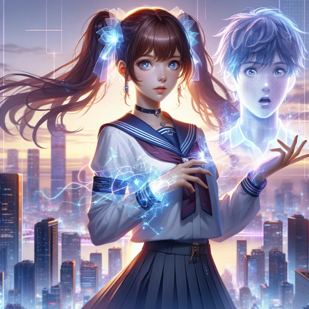 Portrait of a teenage girl with chestnut hair styled in twin tails wearing Tokiwadai Middle School uniform, emitting electricity from her fingertips in a futuristic cityscape background. A subtle ghostly image of a surprised boy’s face overlays her silhouette, symbolizing the identity fusion. The setting blends elements of advanced technology and school life, with neon lights and sleek buildings of Academy City at dusk.