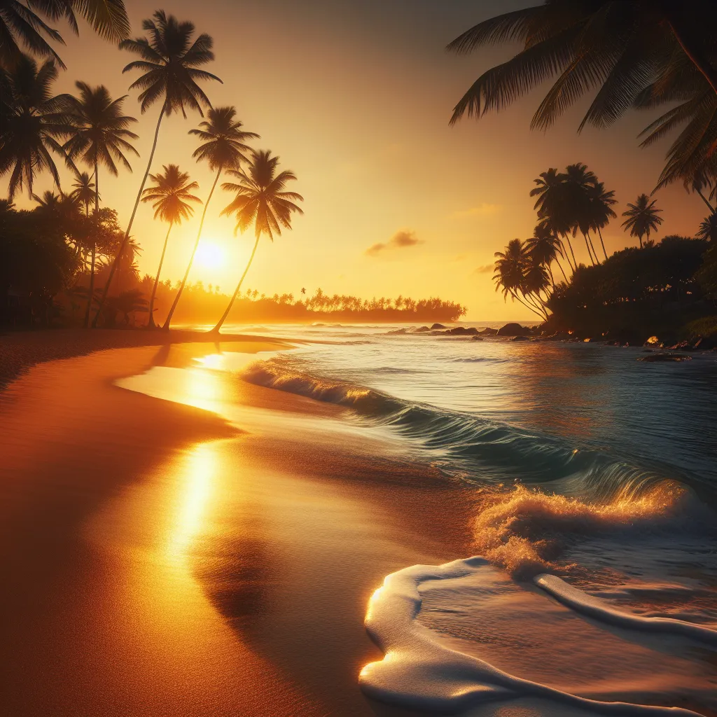 A serene beach scene at sunset, with gentle waves softly kissing the shore, palm trees swaying in the breeze, and a warm golden glow reflecting on the calm waters.