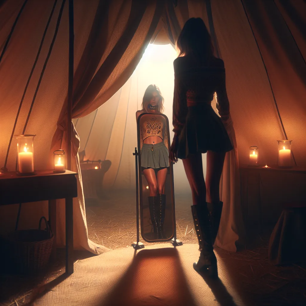 Description: A person stands in a tent, illuminated by flickering candlelight. They wear a delicate ensemble of feminine clothing, including a short skirt, a midriff-baring top, and heeled boots. Their reflection in a makeshift mirror reveals a mixture of awe and pride. The person's secret is about to be discovered as the tent flap rustles and another individual enters the tent.