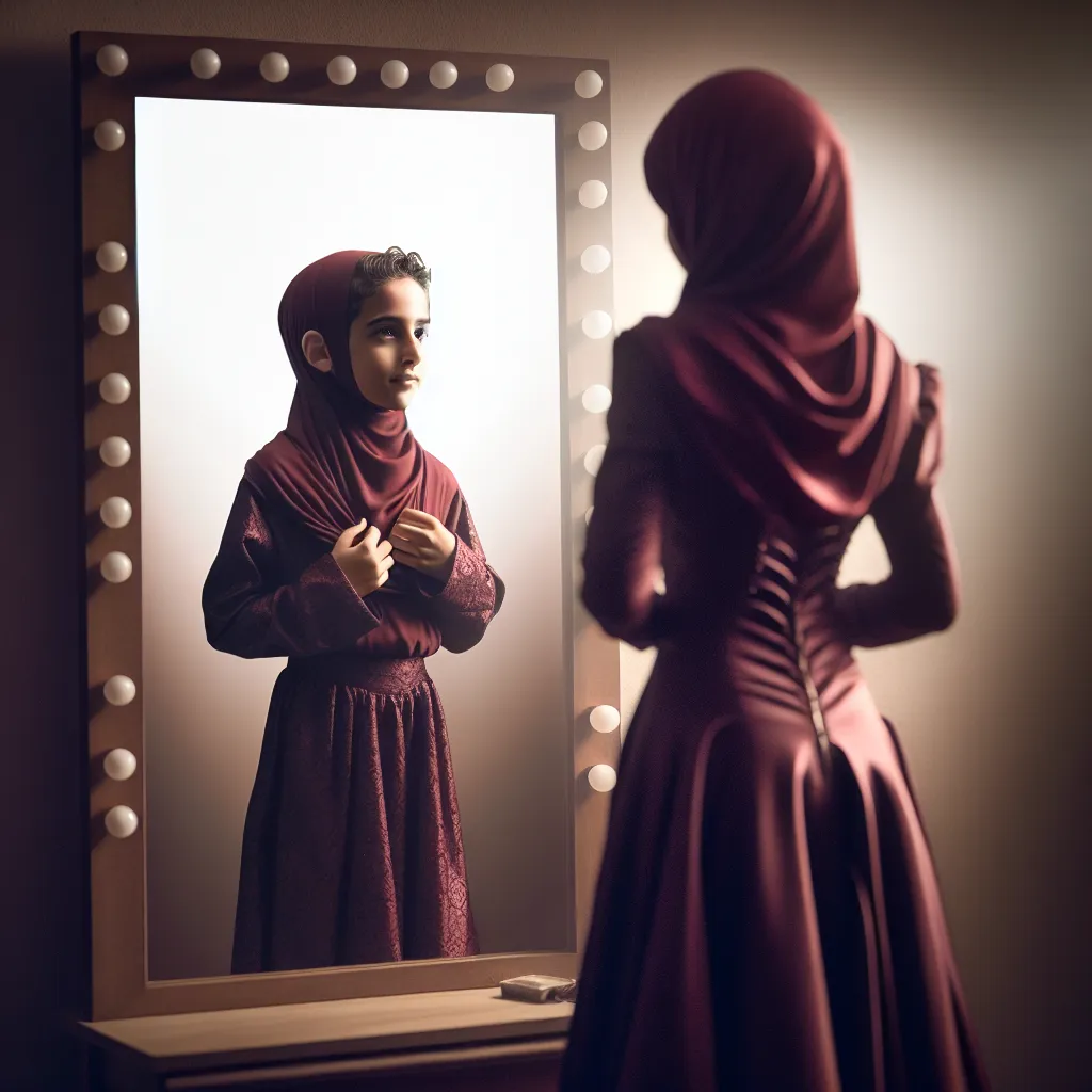 The image description for this story could be: "A young boy named Tommy, now transformed into the woman Samira, stands in front of a mirror wearing a burgundy gown and a hijab. She reflects on her journey of transformation, embracing her new identity with grace and resilience."