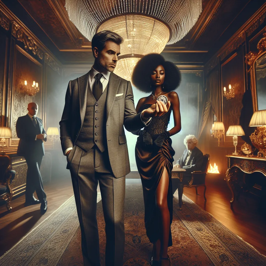 An image of a man and a woman, both transformed into their wealthy alter egos, standing in a lavish mansion surrounded by luxury. The man, in an expensive grey suit, exudes confidence while the woman, wearing an elegant dress and high heels, curiously examines her new appearance in a mirror. The atmosphere is filled with opulence, from the ornate chandeliers to the cascading silk curtains, symbolizing their new life of riches. However, lurking shadows and mysterious figures hint at the adventure