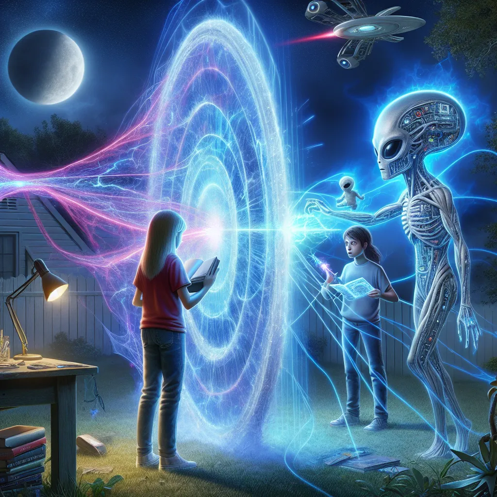 A digital representation of Angel and Gwen, two teenagers with a deep connection, standing in front of a shimmering temporal rift in their backyard. Angel, transformed into the crystalline alien Chromastone, absorbs and redirects the unstable energy from the rift, while Gwen, wielding her magic, prepares to seal it. Birch, a Galvanic Mechamorph, hovers nearby, monitoring their progress. The image captures the intensity and teamwork of this critical moment in their mission to stabilize the breach