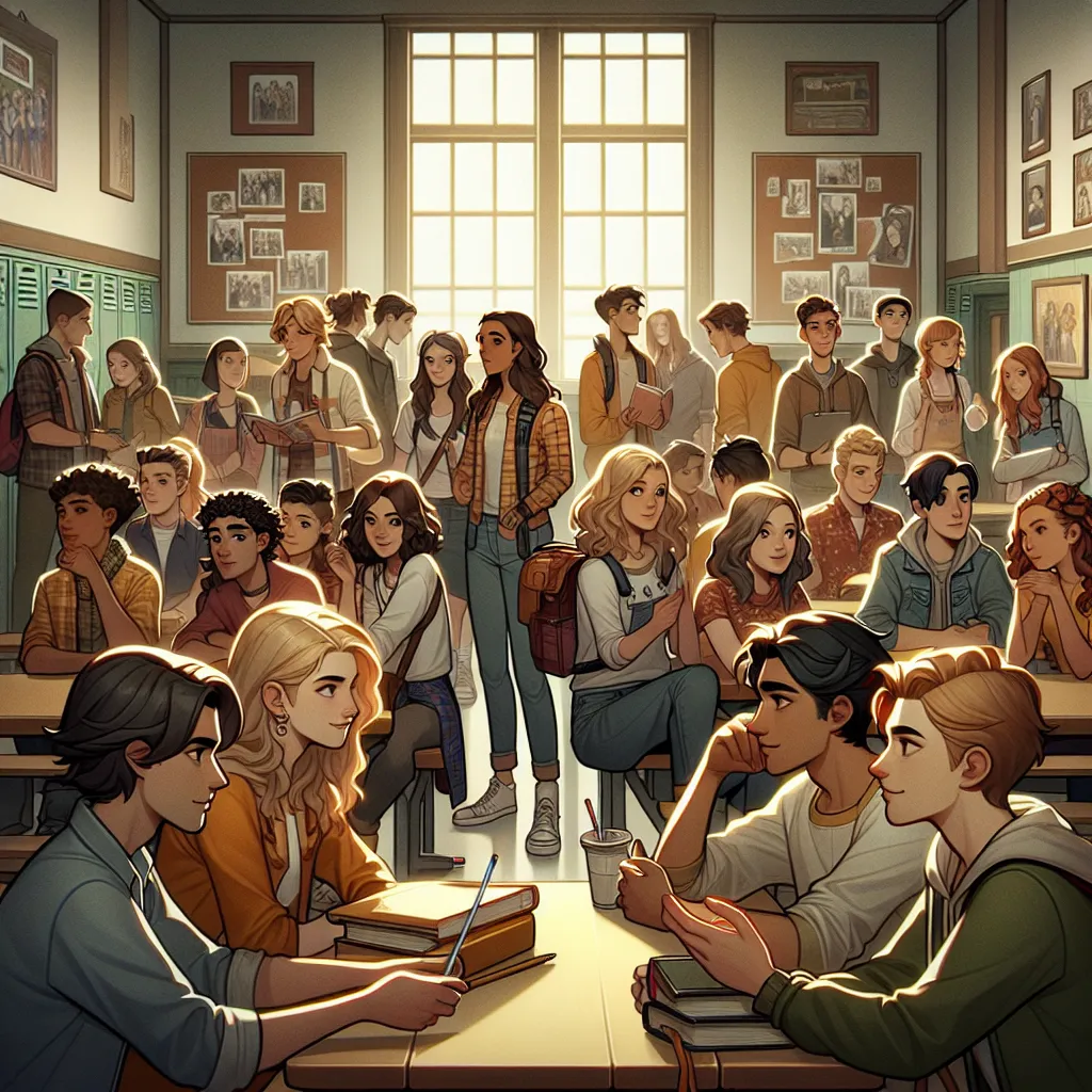 DALLE, please generate an image that captures the essence of the story "Soulbound: A Beacon Hills Adventure." The image should depict a group of young adults in a high school setting, exuding a sense of adventure, mystery, and the complexities of their relationships.