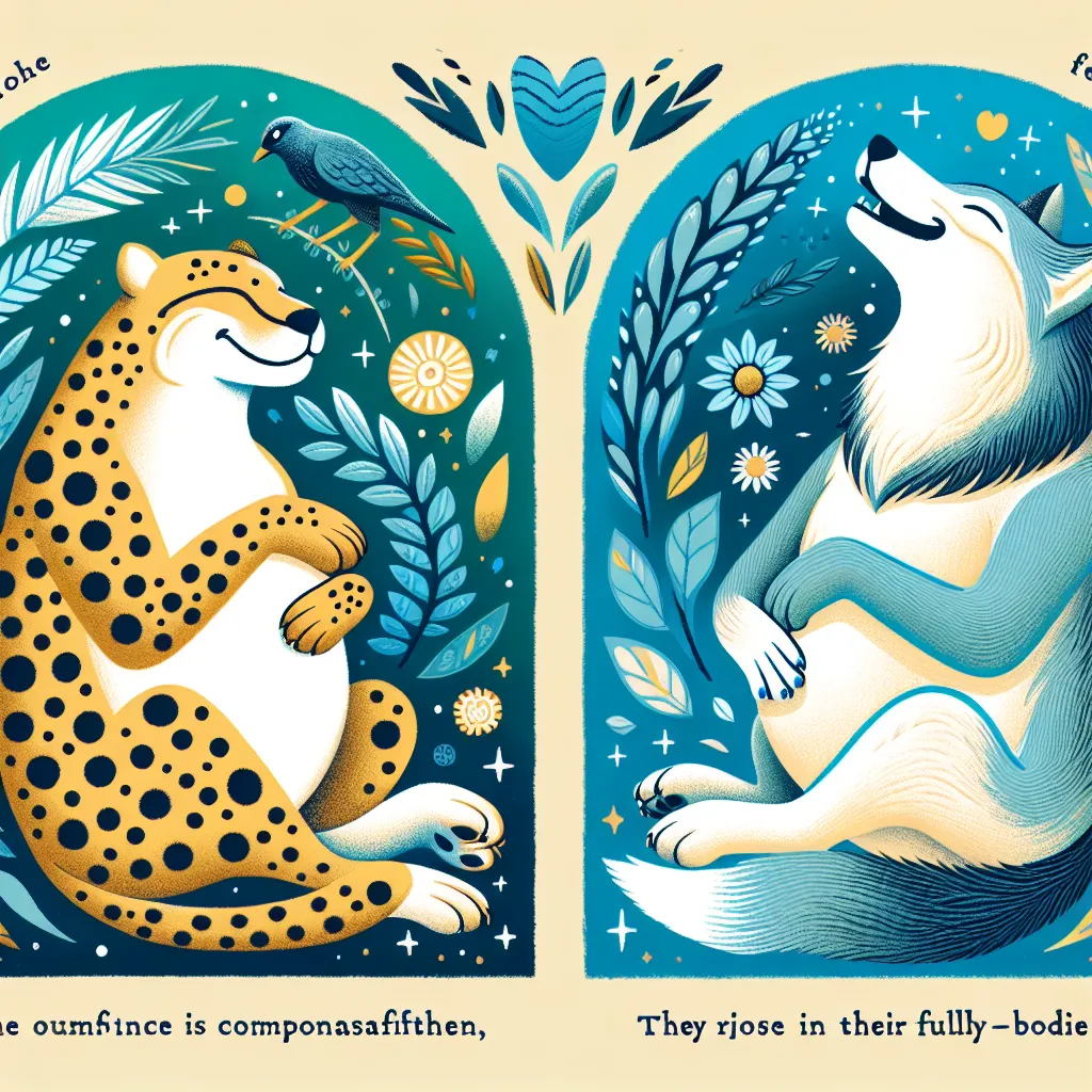 A heartwarming tale of friendship and body positivity as a cheetah and a wolf embrace their growing curves during pregnancy, celebrating their changing bodies with love and laughter.