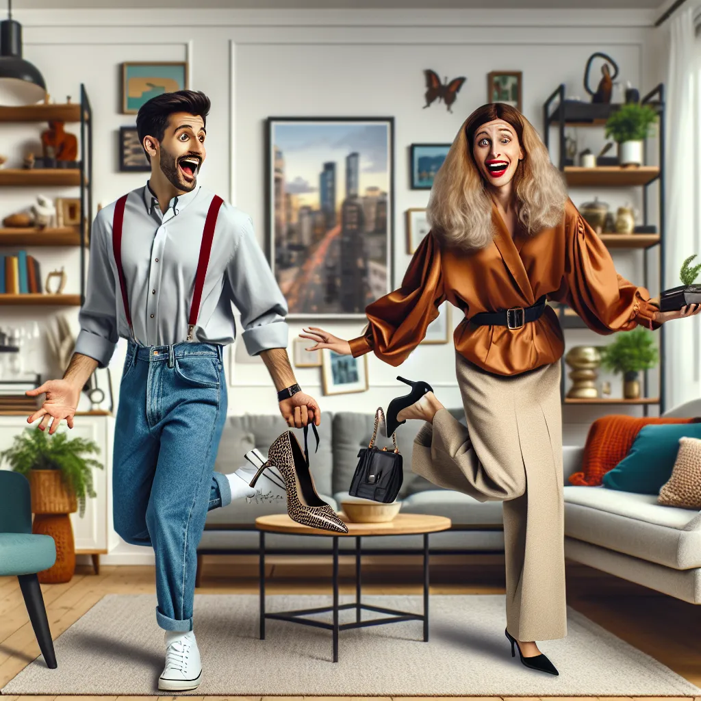 An entertaining scene unfolds in an apartment as a man and his girlfriend swap bodies, leading to hilarious antics and awkward moments.