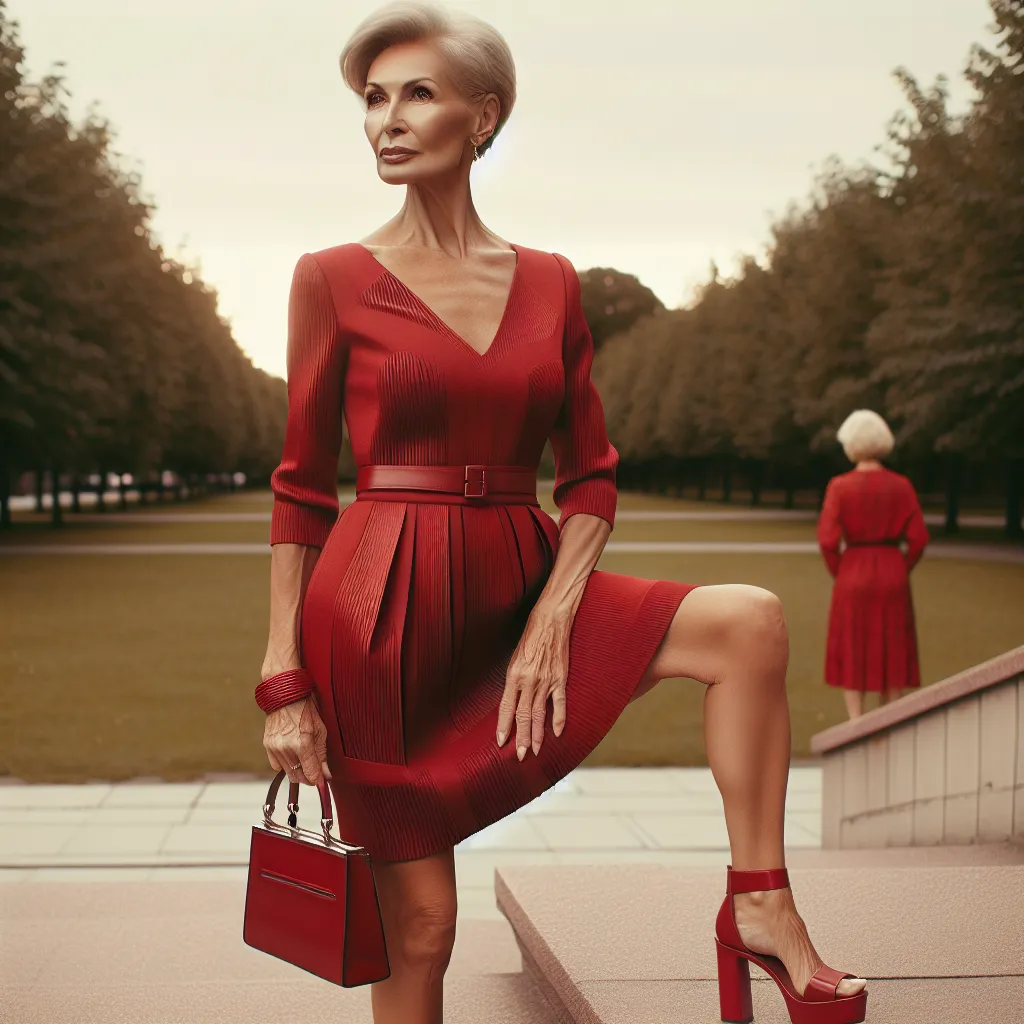 The image accompanying this story is of a woman named Helen in her 60s. She is standing outdoors wearing a stylish red dress and matching platform sandals. She has short, blonde hair styled in a neat bob and is carrying a shiny red purse. She is confidently looking forward, ready to embrace the new chapter of her life.