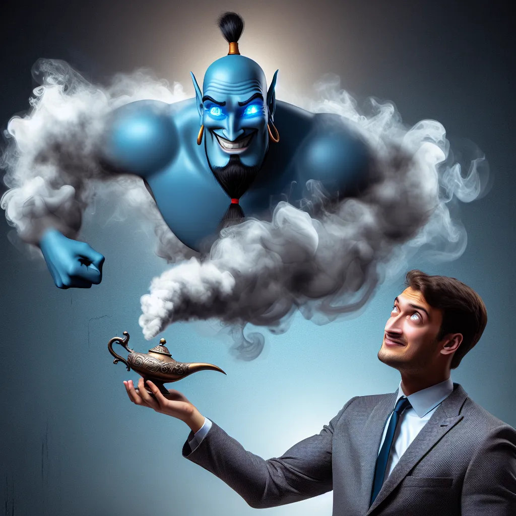 The image accompanying this story could depict a person holding a dusty lamp with a mischievous, twinkle-eyed genie emerging from it. The person could be depicted as a male accountant, to represent the character Ralph, while the genie could be depicted as a towering figure with billowing smoke forming its shape.