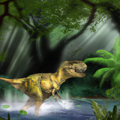 DinoQuest, Tyrannosaurus Rex, Spinosaurus, Jungle, Prehistoric in the style of Monet
