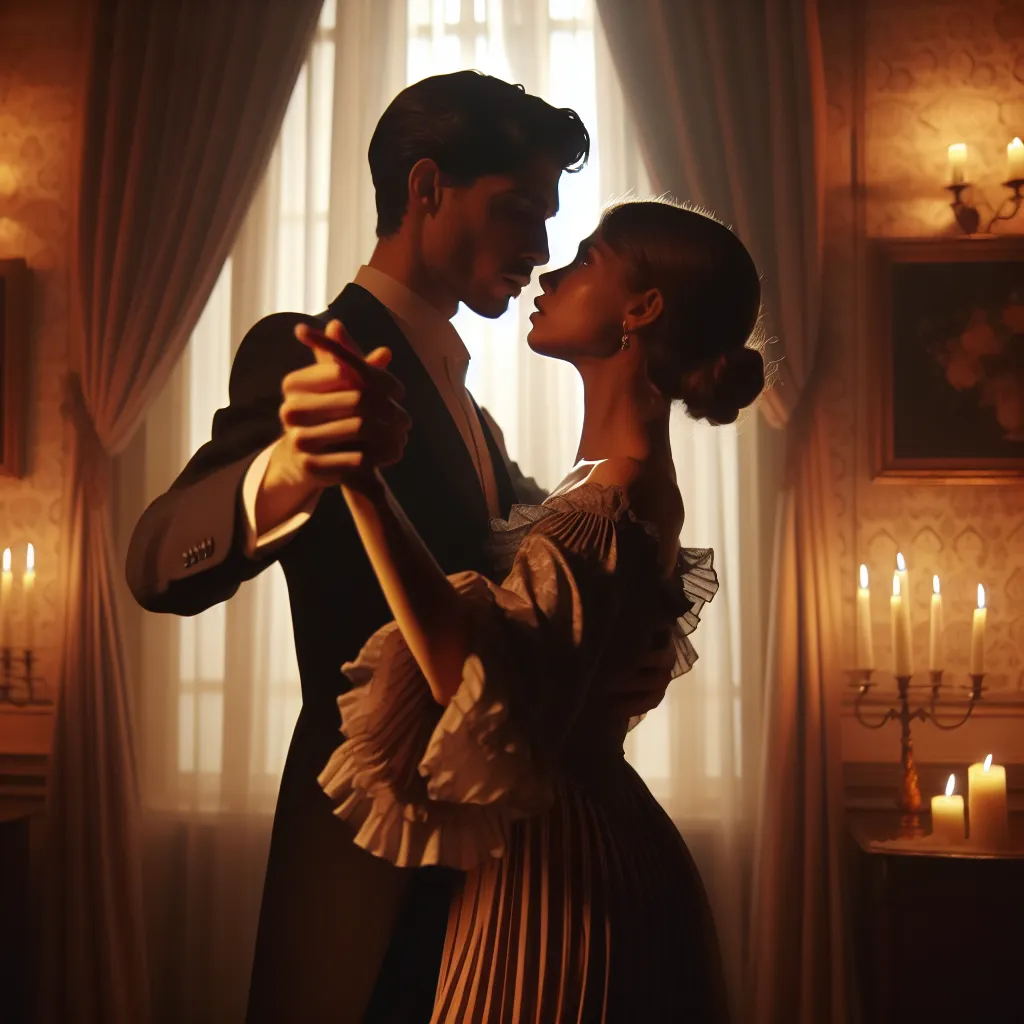 A romantic scene between two figures in a candlelit room, captured in a moment of charged intimacy as they share a silent dance of desire.