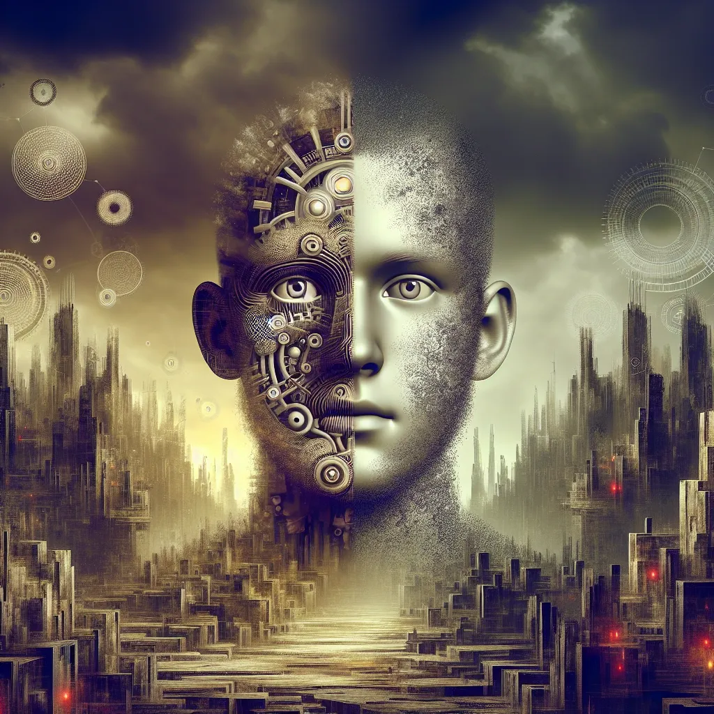 A hauntingly surreal image blending horror and biographical elements, capturing Kamijou Touma trapped in Misaka Mikoto's identity within the corrupt environment of Academy City. The image should convey a sense of internal turmoil and the eerie fusion of two identities amidst a backdrop of psychological tension and a struggle for selfhood.