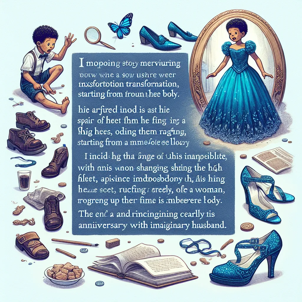 A detailed image illustrating a young boy named Daniel accidentally transforming into the adult woman, Rebecca, as he tries on his friend's mother's high heels. The transformation unfolds gradually, starting from his feet, progressing up his body to his face and hair, detailing each step vividly. The image captures the moment Daniel realizes the changes, showcasing his growing panic and confusion. The scene includes elements like scattered items, spilled snacks, Rebecca's elegant sapphire dress,