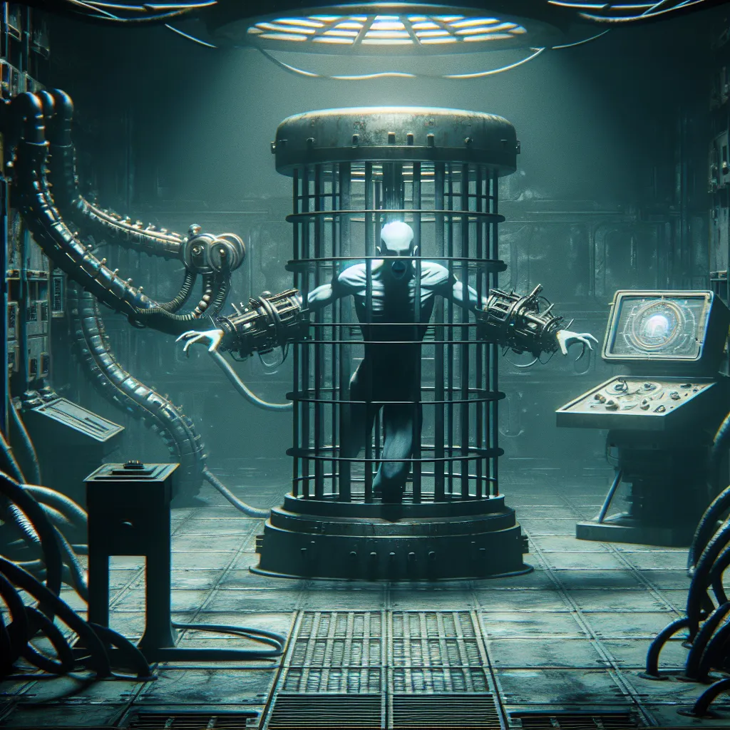 An image to accompany the story: A dark room with ominous machinery, including the Soul Exchanger, where a restrained Miyafuji Yoshika, in Trevor Maloney's body, is desperately struggling against her impending fate. The room is tinged with a sense of treachery and a feeling of impending doom.