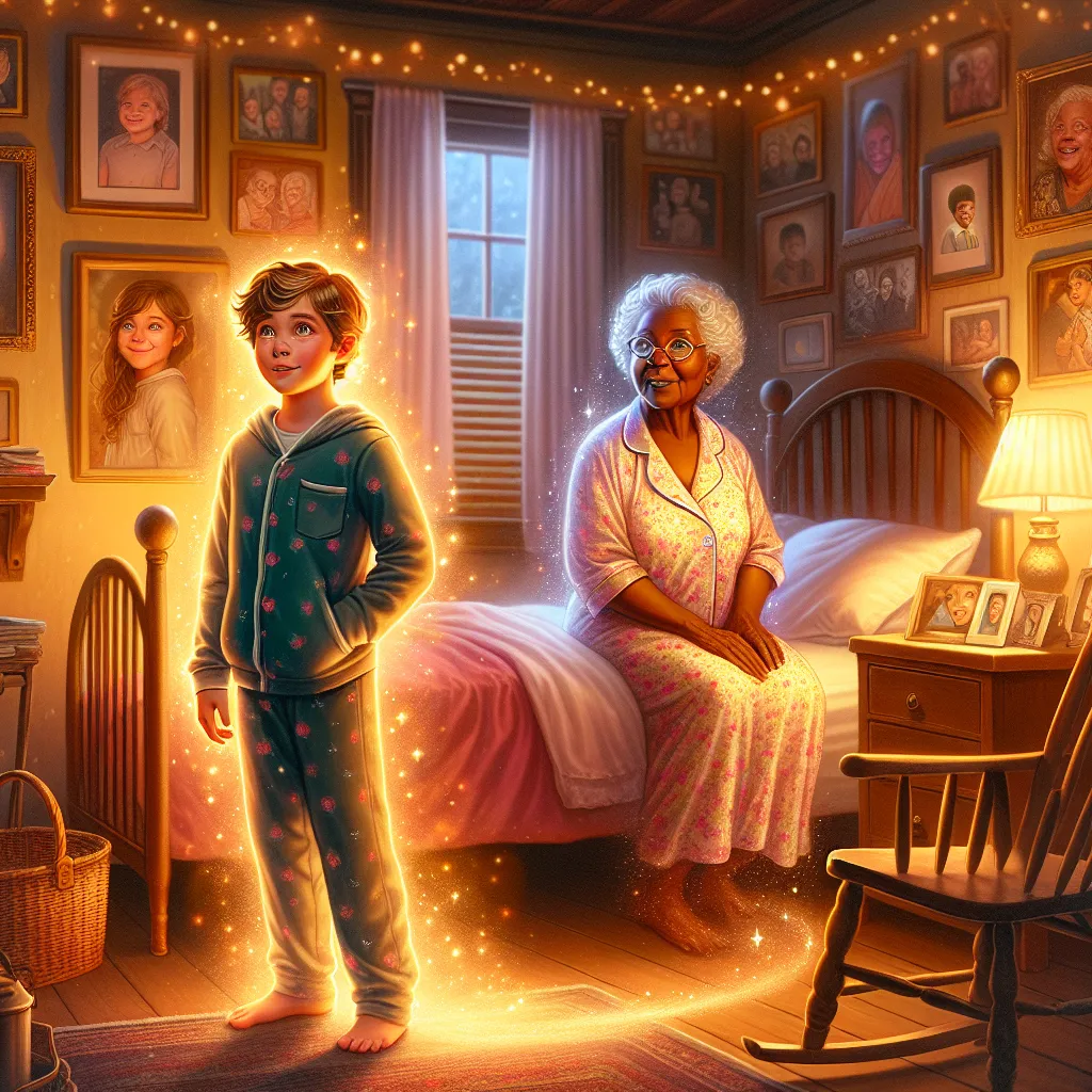 A detailed narrative depicting a young boy named Eliot mysteriously transforming into his grandmother, Eloise, in the middle of the night, surrounded by familial warmth and cherished memories.