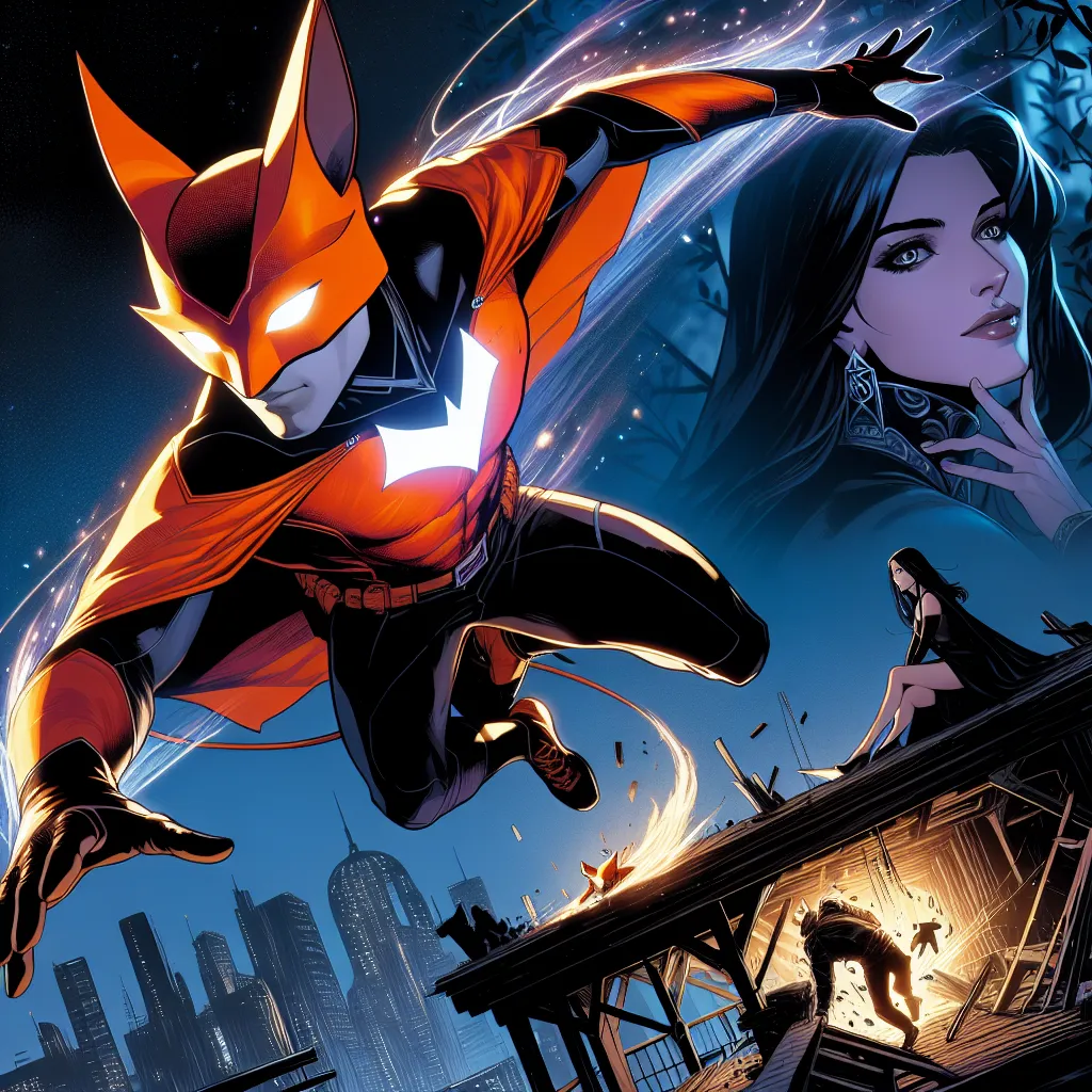 A dynamic image of Fox Kid, a superhero in a neon-orange fox suit, swinging through the night sky with his glowing white paw symbol on his chest. In the background, Black Cat, a seductive and enigmatic figure, perched on a rooftop, contemplating her encounter with Fox Kid. The image captures their partnership, as they team up to face off against the villainous Vulture and his mechanical monstrosity in an abandoned warehouse. With synchronized movements and undeniable chemistry, they navigate the