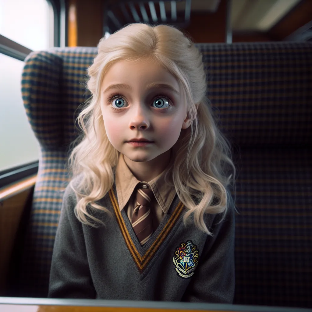 An image of a young blonde-haired girl, dressed in a Hogwarts uniform, sits inside a compartment on the Hogwarts Express. A look of nervous excitement fills her wide, curious blue eyes as she gazes out the window at the magical sights passing by.