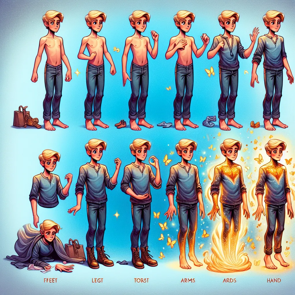 The image accompanying this story should portray a young boy undergoing a fantastical transformation into a female celebrity. The image should show the boy's feet changing, his legs transforming, his torso and chest morphing, his arms and hands shifting, his head, hair, and face altering, and finally, the image should depict the boy dressed and styled like the female celebrity. The image should capture the emotional journey of the transformation, including moments of confusion, fear, and eventua