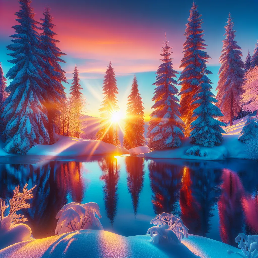 A vibrant and tranquil winter landscape adorned with snow-covered trees, reflecting the gentle rays of a setting sun.