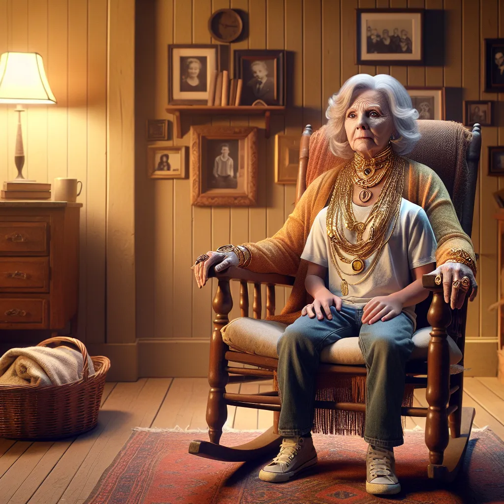 The image accompanying this story captures a young boy, Oliver, in his Grandma Eloise's aged body, sitting in a rocking chair with her characteristic jewelry shining in the soft light. The scene conveys a mix of confusion, fear, and tenderness as Oliver grapples with his unexpected transformation.