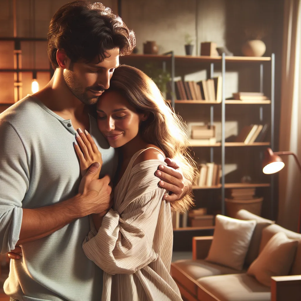 A couple embraces in a tender moment filled with warmth, intimacy, and unspoken longing. The image captures the closeness and gentle caresses shared between them, conveying a sense of quiet romance and connection.