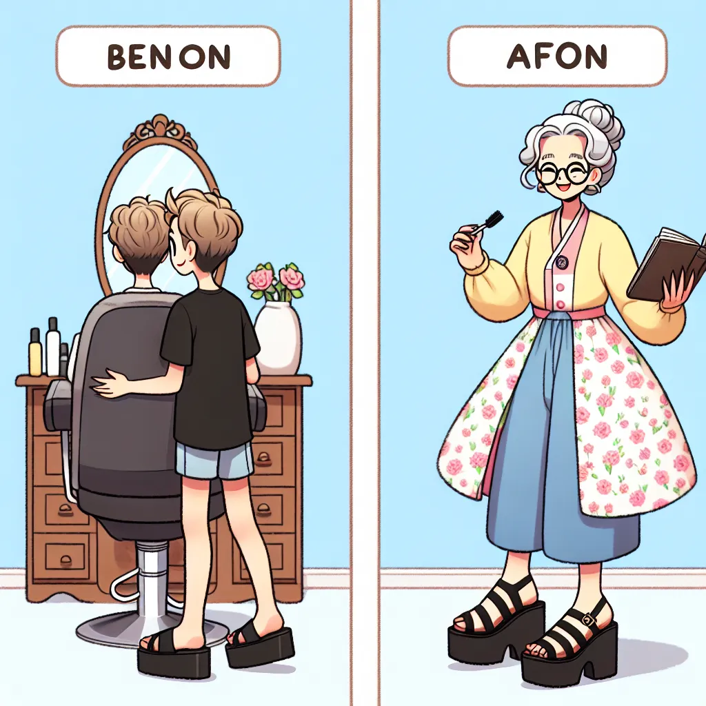 A young boy's visit to the salon takes an unexpected turn when he mysteriously transforms into an elderly Korean woman. Embracing her new identity as Min-Ji Park, she continues to run her salon, cherishing her family and embracing her cultural heritage. The image could depict Min-Ji Park in her salon, wearing her platform sandals and selecting her jewelry to wear for the day's work.