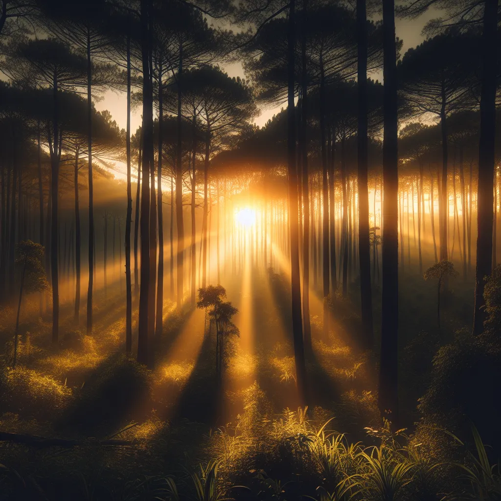 A captivating image of a vast, tranquil forest at sundown, with rays of golden light piercing through the treetops, creating an enchanting and ethereal ambiance.