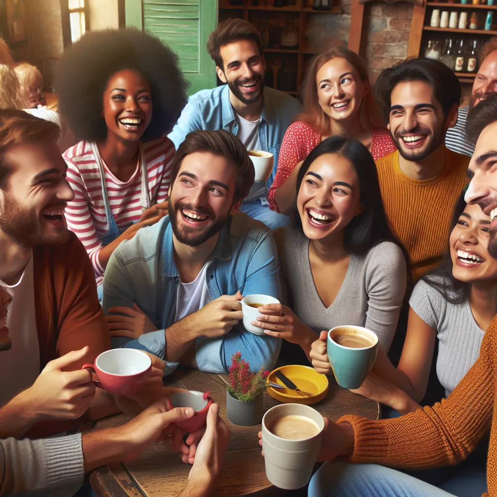 A group of diverse friends sitting in a cozy cafe, engaging in lively conversation and laughter over cups of coffee.