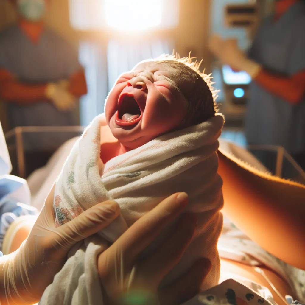 A newborn baby emerges from the darkness, covered in the remnants of birth, as the room holds its breath. She takes her first gasps of air, struggling to adapt to the harshness of the world, but ultimately finds her voice and cries out with a fierce determination to not just survive, but thrive.