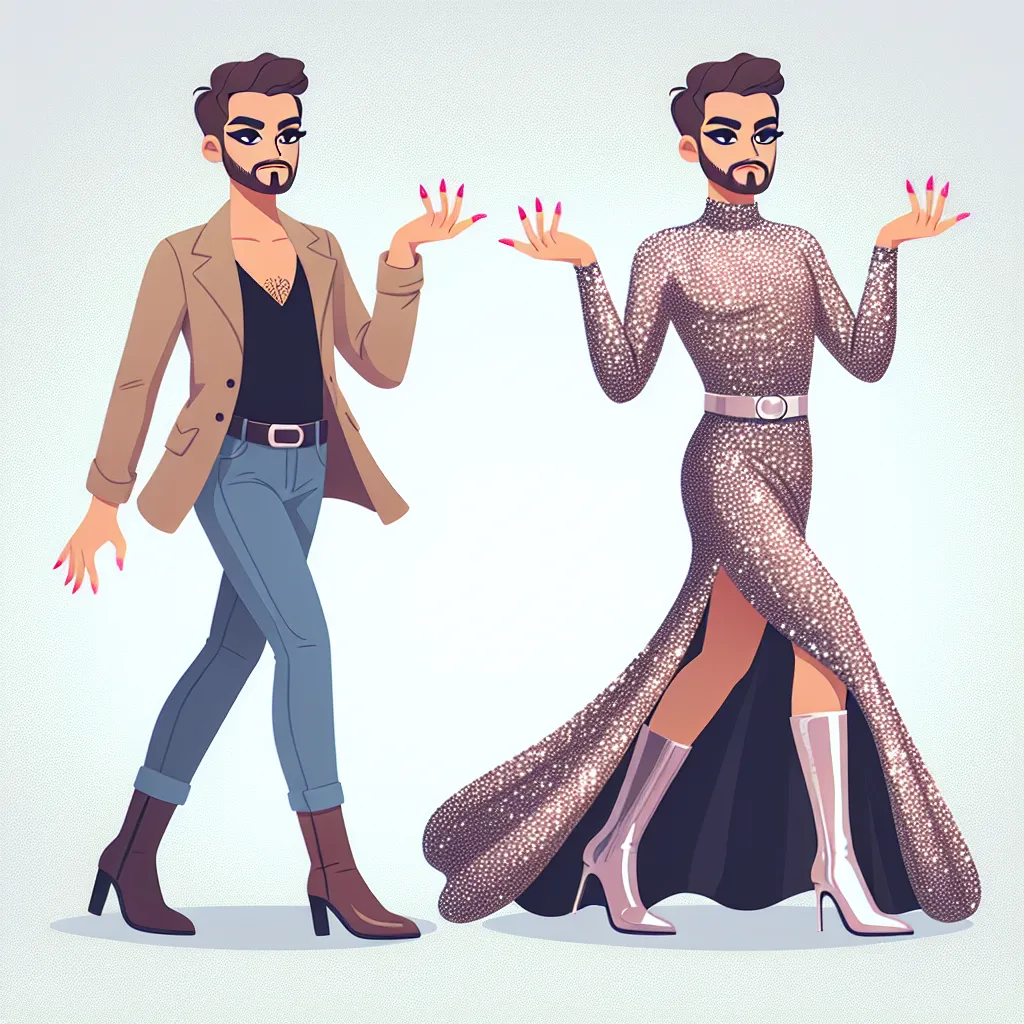 A young girl named Jonathan, transformed into Tina, a confident and glamorous drag queen, is dressed in a tight, sequined mini-skirt and a plunging neckline top. She wears clubbing-style sandals, with perfectly manicured nails and a vibrant pink manicure. Tina exudes elegance and sets off to the club, ready to embrace her true self.