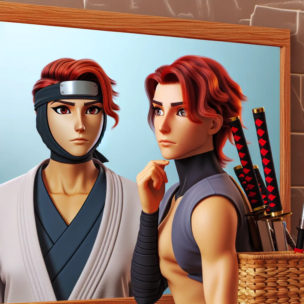 Description: The image features a young ninja, Naruto Uzumaki, standing in front of a mirror as he undergoes a terrifying transformation. As the process unfolds, his appearance changes drastically - his hair becomes longer and red, his facial features resemble his mother's, and his body transforms into that of a female. Shocked and terrified, Naruto, who is now Narumi Uzumaki, gazes back at her reflection with a mix of fear and determination, ready to face the challenges of her new reality as a 