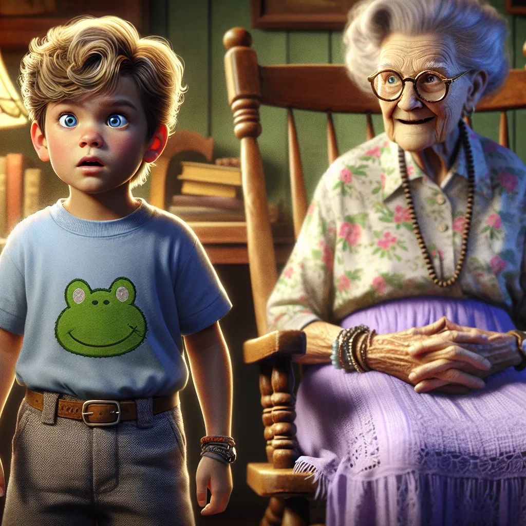 Image description: A young boy named Oliver James Finch, six years old, with soft, wavy blond hair falling into his bright blue eyes, sleeping in a soft blue t-shirt and gray shorts with a green frog patch by his grandma, Mabel Eleanor Finch, 73 years old. Mabel, in a lavender skirt and floral blouse, asleep in a wooden rocking chair with jewelry and wire-rimmed glasses, as Oliver wakes up, realizing they have switched bodies.