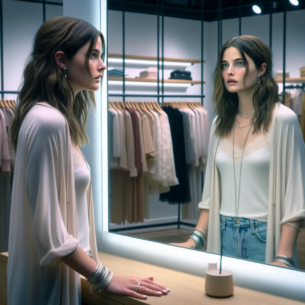 A young boy named Ethan undergoes a mysterious transformation in a store, swapping bodies with a 23-year-old woman named Harper. As he navigates the adult world in his new form, Ethan grapples with a profound loss of identity and a sense of being forever changed. The image accompanying this story captures Ethan's bewildered reflection as Harper, adorned in jewelry and with painted nails, contemplates the uncertain future ahead.