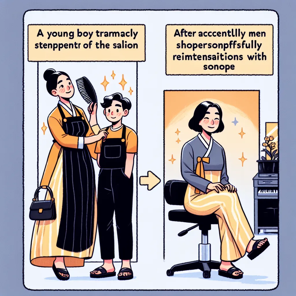 A young boy named Thomas transforms into Mrs. Kim, a Korean salon owner, after accidentally wearing her platform sandals. As Mrs. Kim, she embraces her new life and identity, continuing her work at the salon, maintaining her relationship with her husband, and fully immersing herself in her cultural traditions and community. With grace and contentment, Mrs. Kim thrives, exemplifying balance and harmony in her existence.