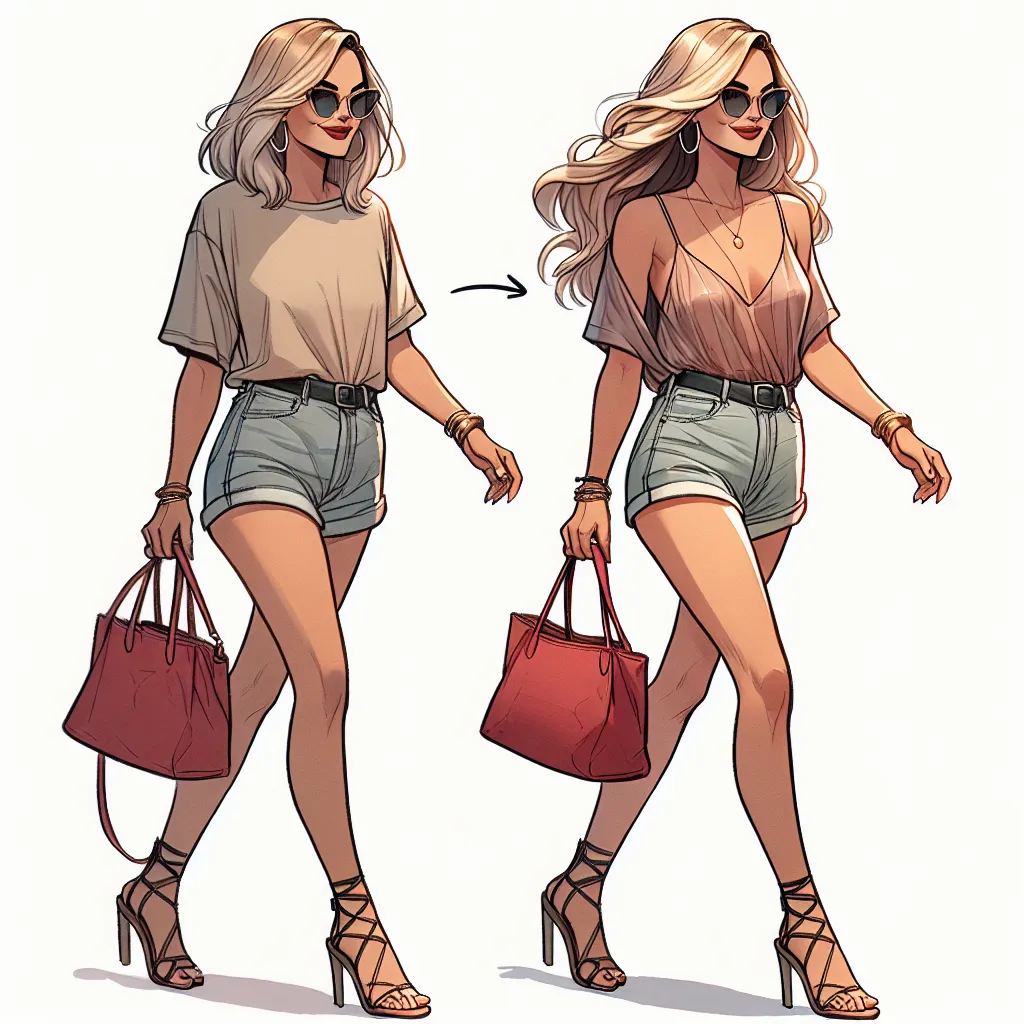 Timmy, now transformed into Erica, confidently walks down the street in a cute and trendy outfit. She wears a skin-tight top and short shorts, complemented by strappy sandals. Her blond hair cascades in long waves, and she accessorizes with large sunglasses, hoop earrings, a red purse, and a gold bracelet. Erica's confident demeanor shines through as she navigates the world, embracing her new feminine identity.