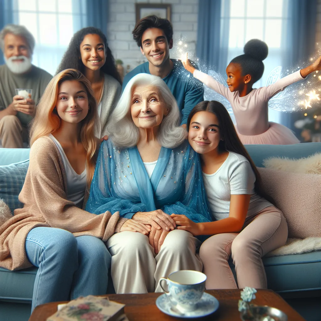 A heartfelt tale of Anne, a 92-year-old grandma, who embarks on a magical journey of body swapping with her teenage granddaughter, Olivia. Anne experiences the joys and challenges of youth, ultimately realizing the beauty of every life stage. The image could capture Anne sitting on her blue couch surrounded by her loving family, reflecting on the day's magic and wisdom gained.