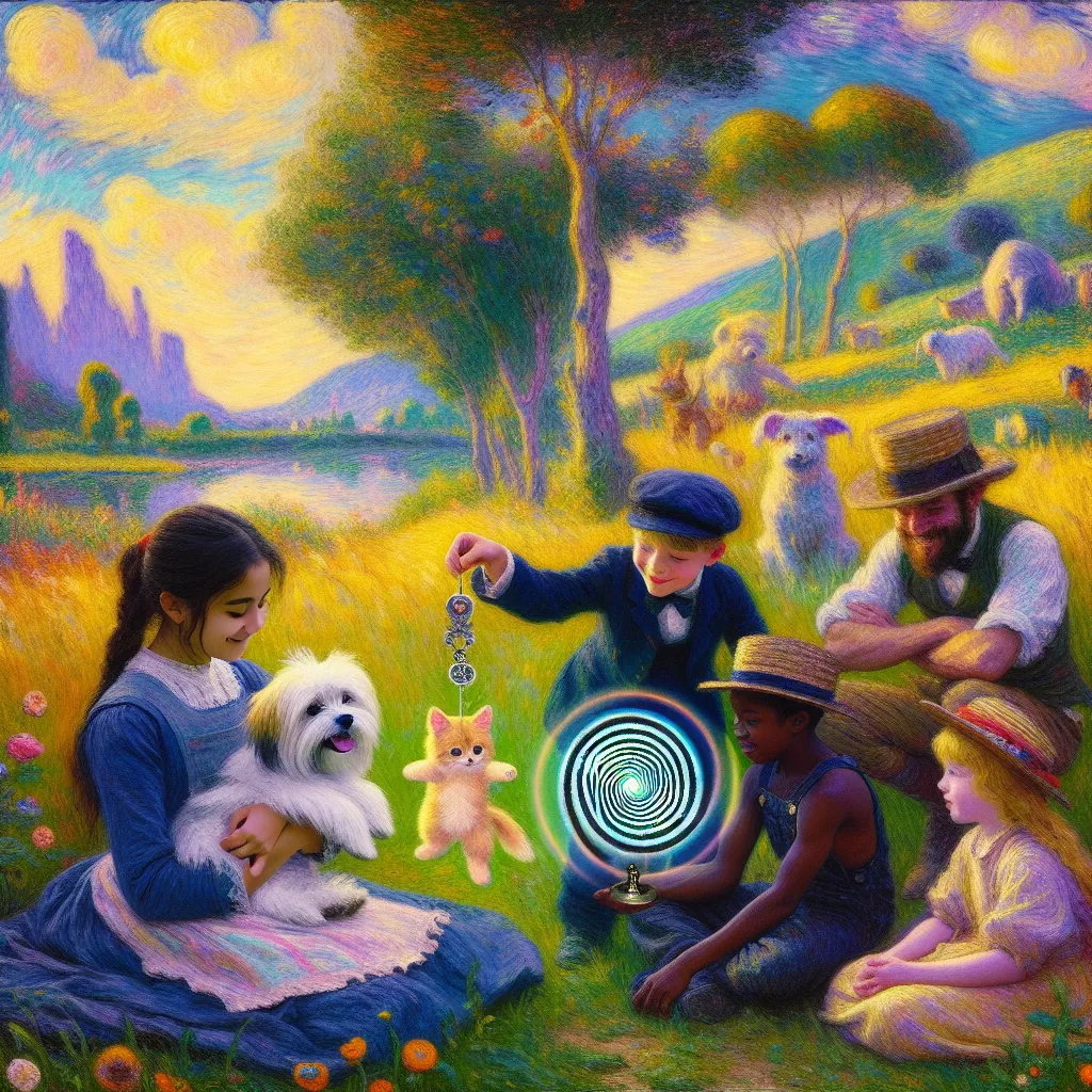 Pet, Hypnotism, Prank, Friendship, Adventure in the style of Monet