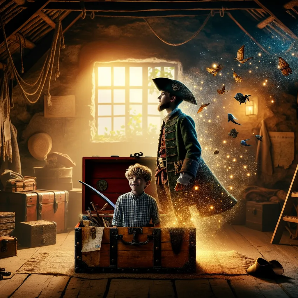 The image should capture the transformation of a young boy, Oliver, as he becomes Captain Olivarr, a feared pirate. It should show the attic setting with an old trunk, dusty floorboards, and a magical atmosphere enveloping the scene. Oliver's appearance changes into that of a weathered pirate captain, the room illuminated by a warm glow. The image should convey the essence of mystery and adventure, with a touch of nostalgia for the boy that once was.