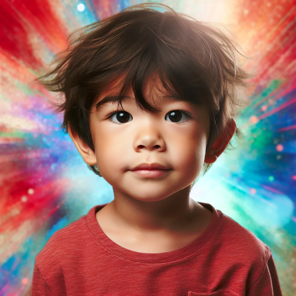 A 5-year-old boy with a curious expression, standing against a colorful background.