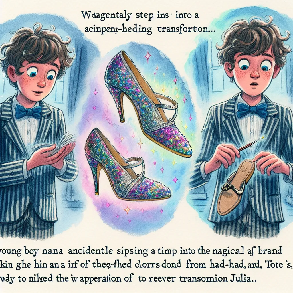 A young boy named Ethan accidentally transforms into a glamorous woman named Julia after stumbling into her high-heeled sandals, engulfed by colorful changes from head to toe. Panic, confusion, and a desperate attempt to revert back fill this story of unexpected transformation and self-discovery.