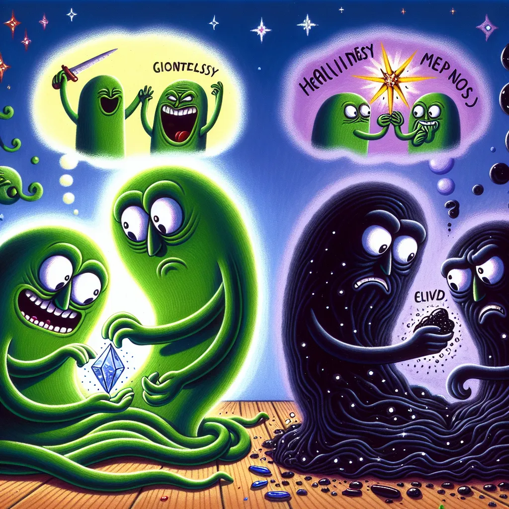 A colorful illustration depicting the characters from the story: Envy, Disgust, Joy, and Sadness, in the bustling headquarters of Riley's mind. Envy, with its obnoxious green demeanor, eyes something sparkly while Disgust tries to prevent it from touching a gooey black strand of goop. The image captures the humorous and chaotic atmosphere of the story.