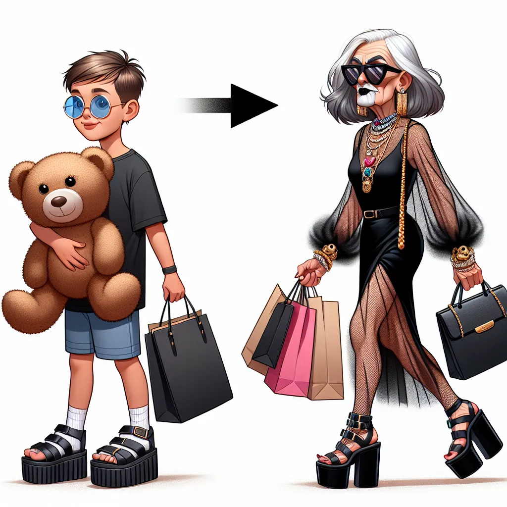 This image will depict a transformation from a young boy named Tommy to an older woman named Linda. The image will show Tommy holding his stuffed bear and walking with visible platform sandals and a black purse. The image will transition to show Linda in a black dress, wearing the platform sandals, with her purse in hand. She will be seen with long gray hair, wearing sunglasses, jewelry, and carrying shopping bags.