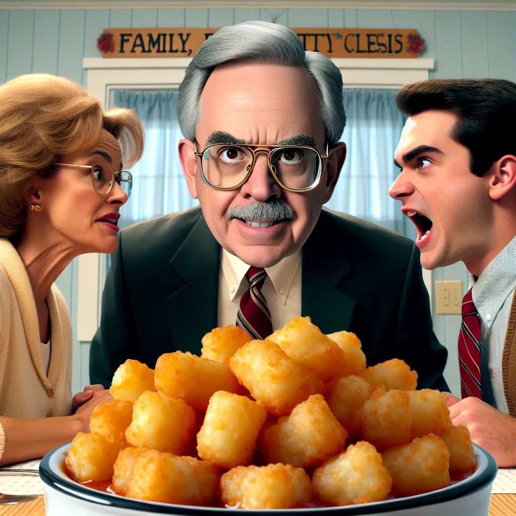 DALLE, please generate an image for the story "Family, Hotdish, and Identity Crises: A Springfield Reunion Story". The image should capture the humorous and chaotic nature of the reunion, perhaps depicting Armin Tamzarian and his parents, Seymour Skinner and Agnes Skinner, Moe Szyslak, and a tater tot hotdish in the foreground.