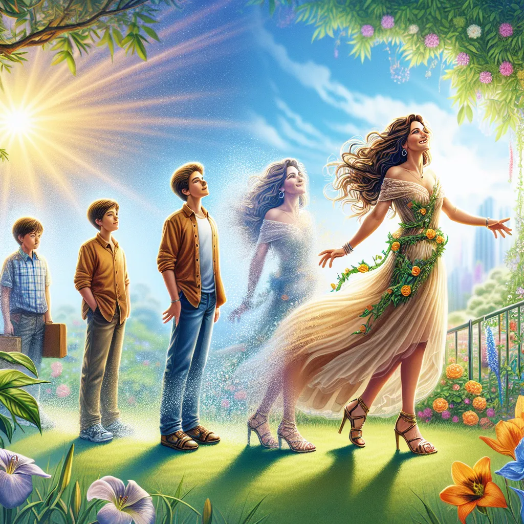 A young boy named Christopher magically transforms into a confident woman named Christine, depicted with attention to detail across multiple stages of physical and emotional change, embracing her new identity with elegance and joy as she enjoys her sandals in her beautiful, sunlit world.