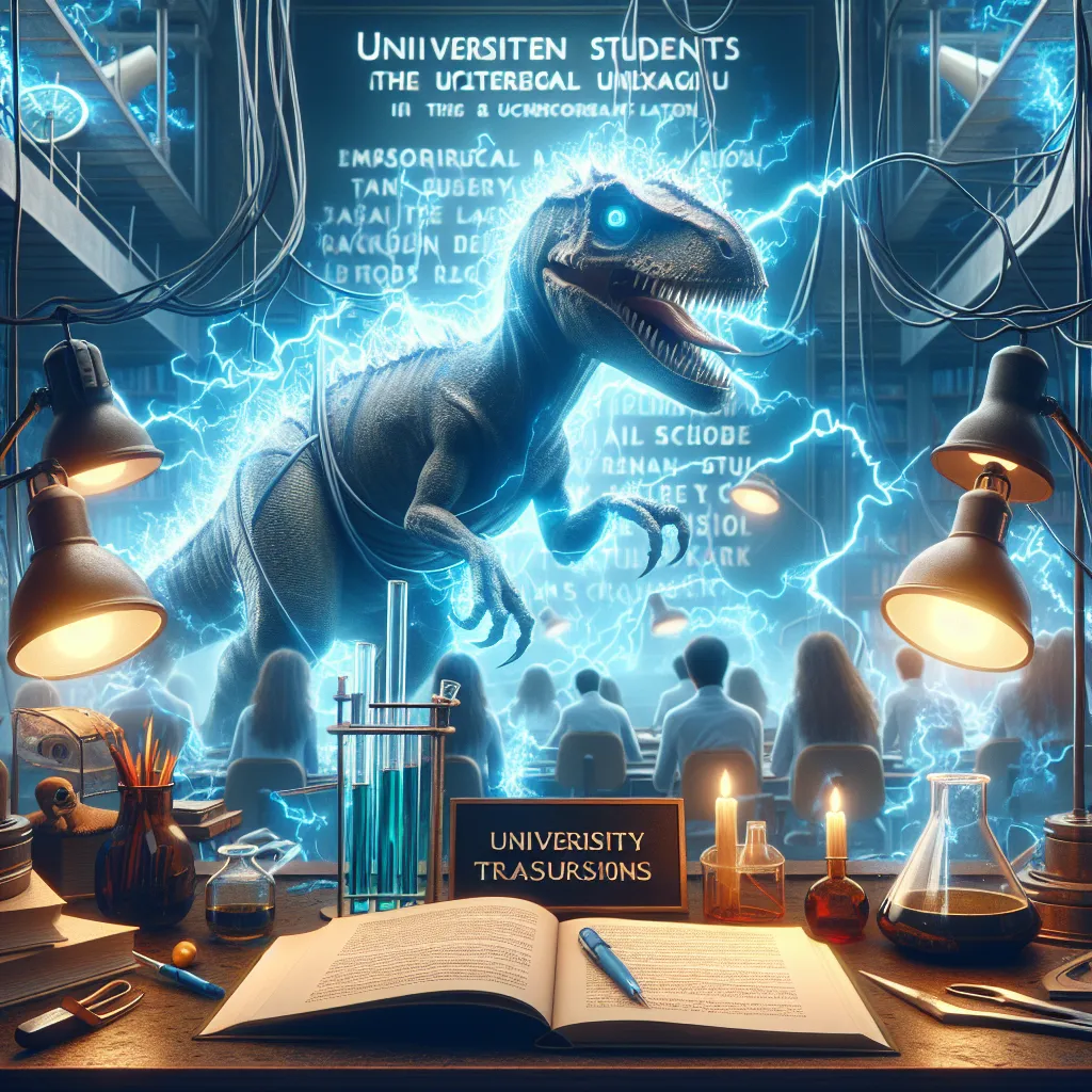 A captivating scene from a science fiction novel, "DinoShift," where university students experience a mysterious transformation into prehistoric creatures after a lab accident.