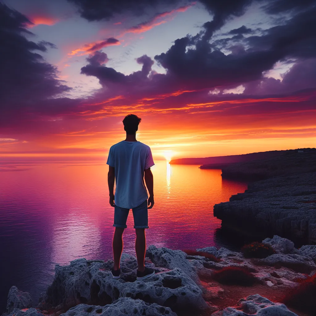 A man stands on a rocky cliff, surrounded by a stunning sunset with vibrant hues of orange and purple. The serene ocean stretches out before him, shimmering in the fading light.